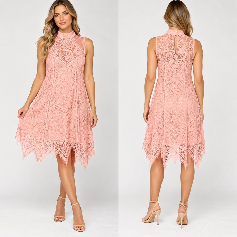 Love Fire Lace Dress Women Medium Pink Mock Neck Handkerchief Hem Flapper Party